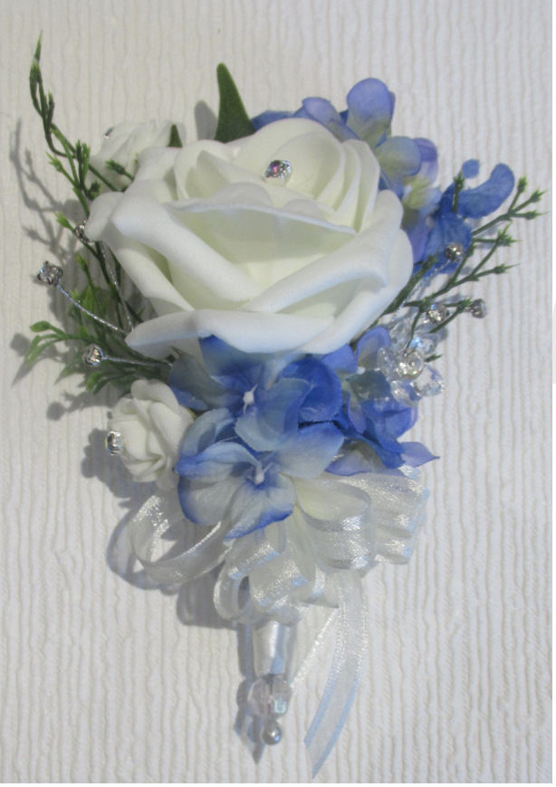 Blue & ivory corsage, blue corsage for weddings, mother of the bride corsage